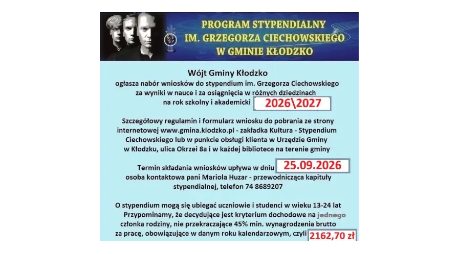 Nabór wniosków na Stypendium im. Grzegorza Ciechowskiego na rok 2026/2027