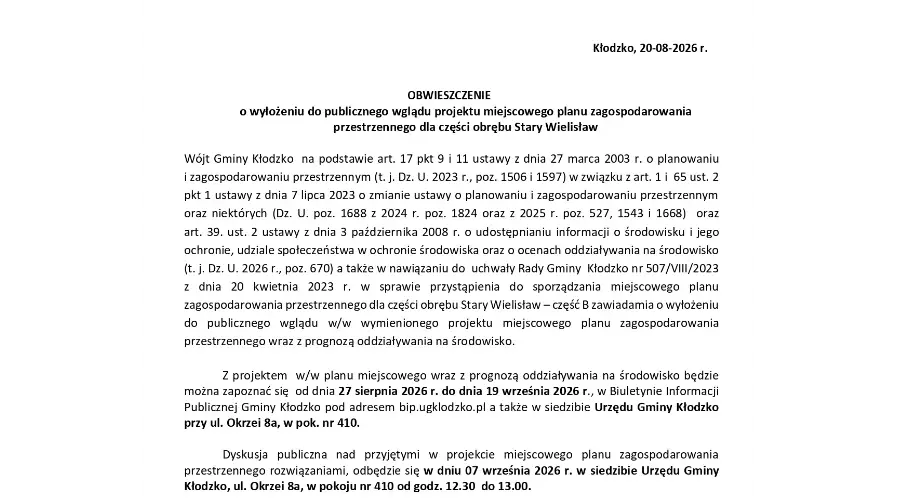 Informacja o wyłożeniu projektu planu zagospodarowania przestrzennego dla Starego Wielisławia
