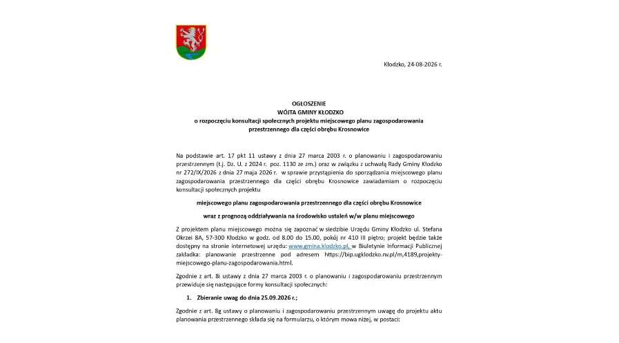 Krosnowice - rozpoczęcie konsultacji społecznych nad planem zagospodarowania przestrzennego