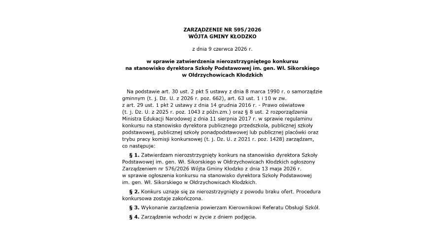 Zarządzenie Wójta Gminy Kłodzko w sprawie konkursu na dyrektora szkoły