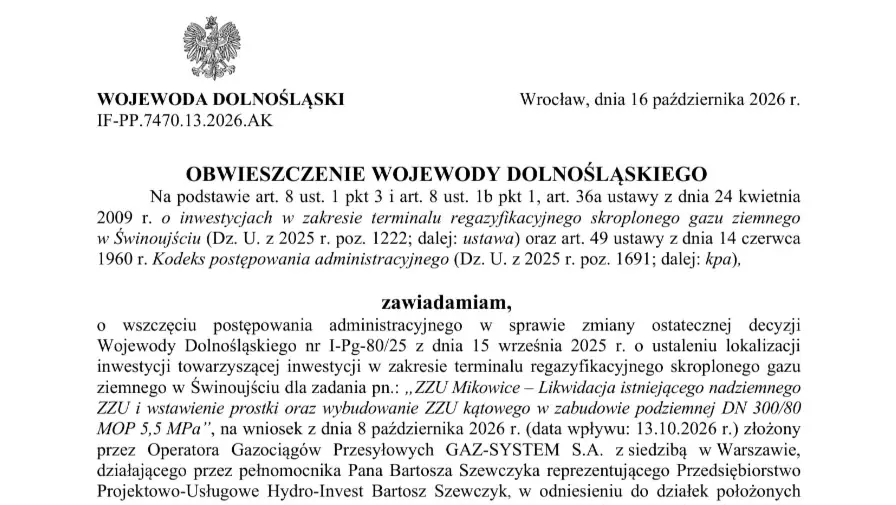 Wszczęcie postępowania administracyjnego przez Wojewodę Dolnośląskiego