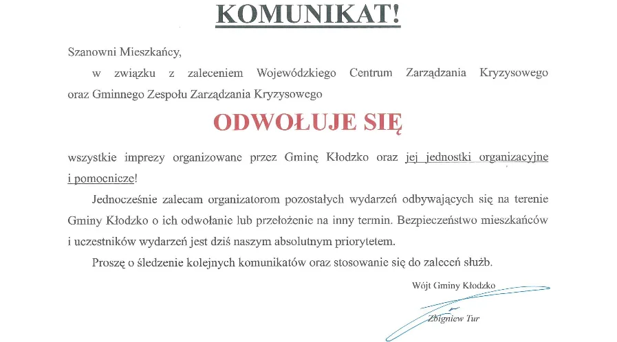 Odwołanie imprez w Gminie Kłodzko