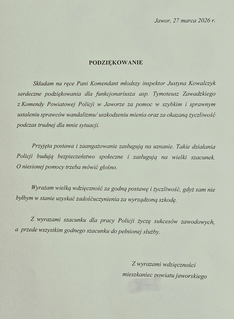 Podziękowania dla policjanta z Jawora
