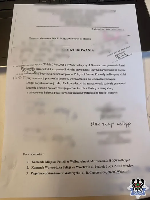 Podziękowania za ratowanie życia – szybka interwencja policjantów i ratowników