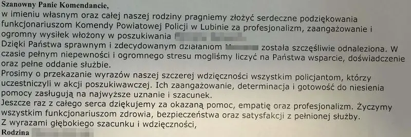Rodzina zaginionej kobiety wyraziła wdzięczność policjantom z Lubina
