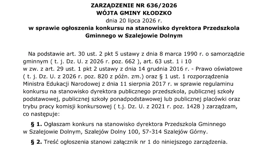 Konkurs na dyrektora Przedszkola Gminnego w Szalejowie Dolnym