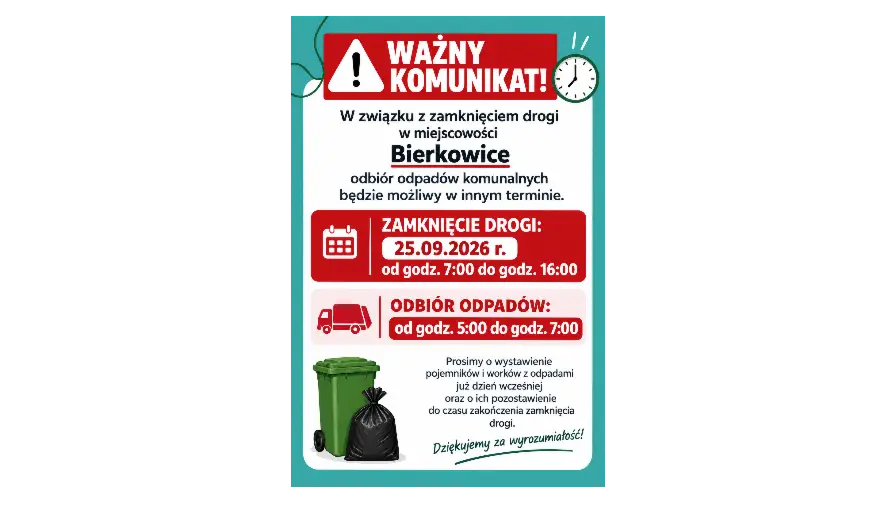 Bierkowice - zmiana terminu odbioru odpadów komunalnych