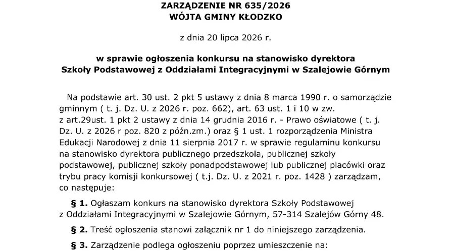Konkurs na dyrektora Szkoły Podstawowej w Szalejowie Górnym