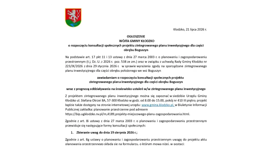 Rozpoczęcie konsultacji społecznych dotyczących zintegrowanego planu inwestycyjnego w Boguszynie