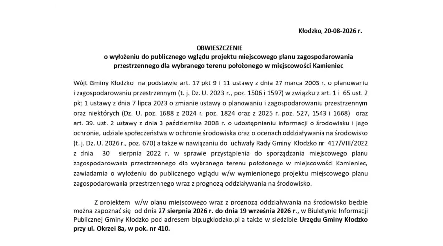 Obwieszczenie o wyłożeniu projektu planu zagospodarowania w Kamieńcu