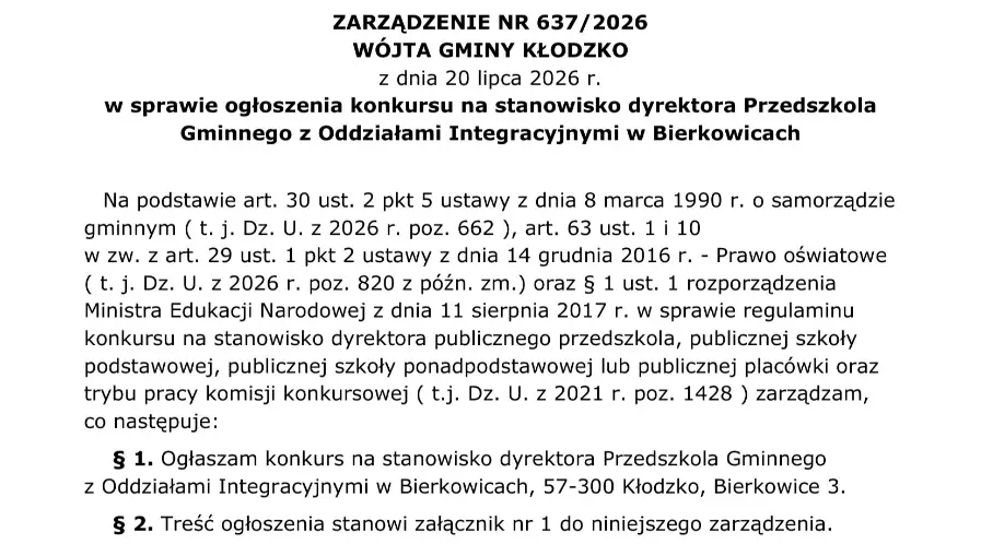 Konkurs na stanowisko dyrektora Przedszkola Gminnego w Bierkowicach